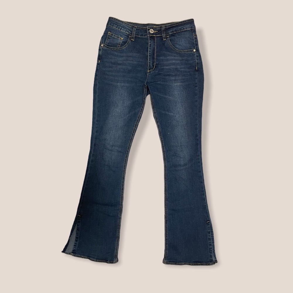 Dark wash jeans w/ wide leg cutouts